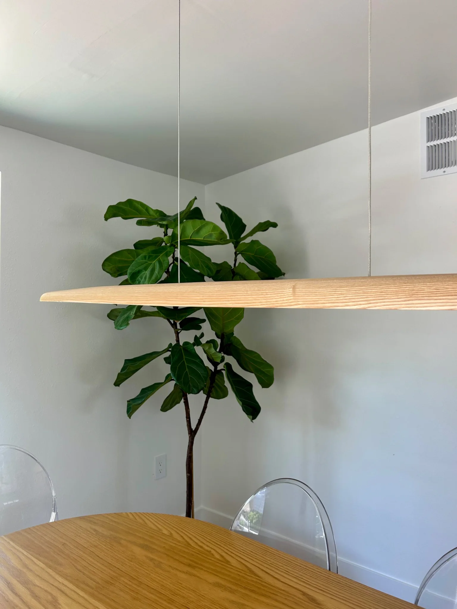 Dining table, pendant light, and full tree detail