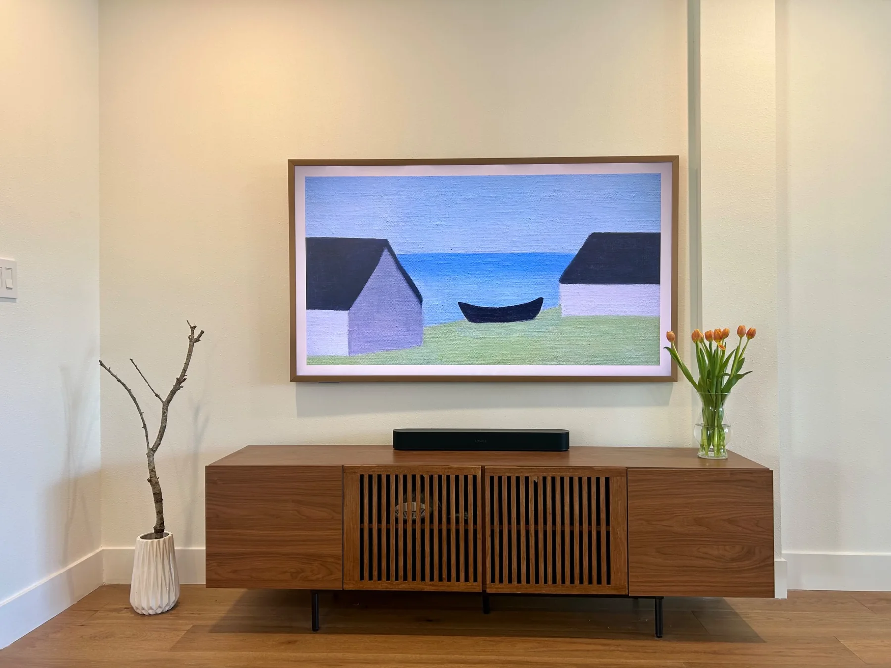 Frame TV wall and media console detail